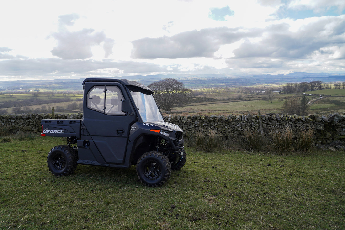CFMOTO U600 UTV parked on grass with a scenic landscape in the background