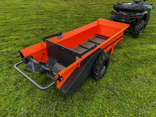 FarmMaster muck spreader attached to an ATV on a grassy field