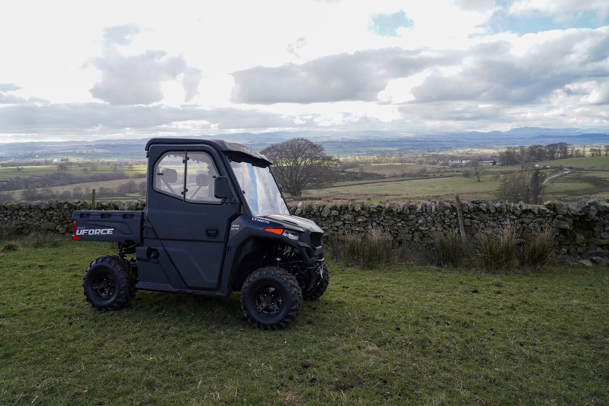 CFMOTO U600 UTV parked on grass with a scenic landscape in the background