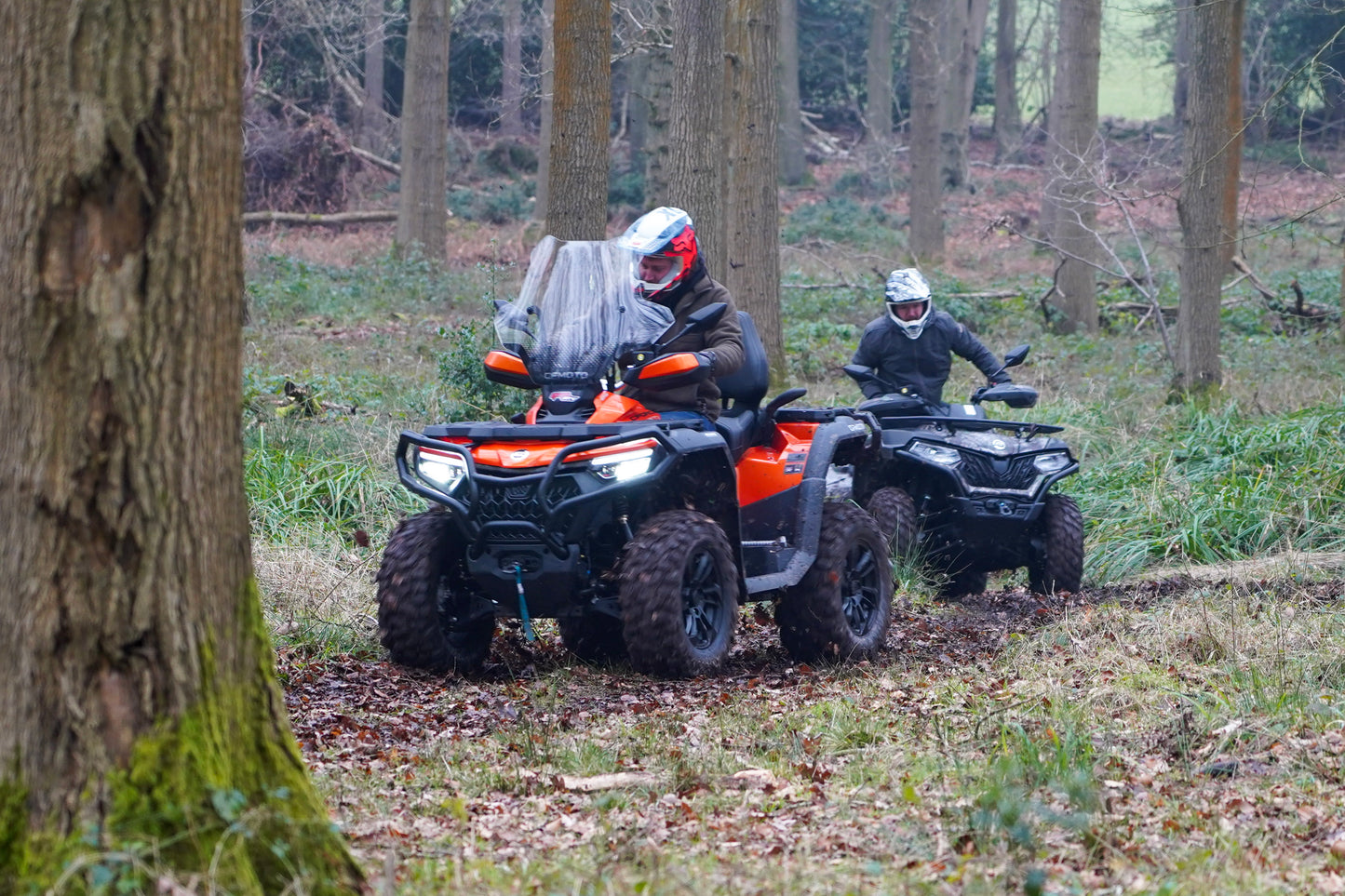 Two people riding CFMOTO ATVs through a forested area