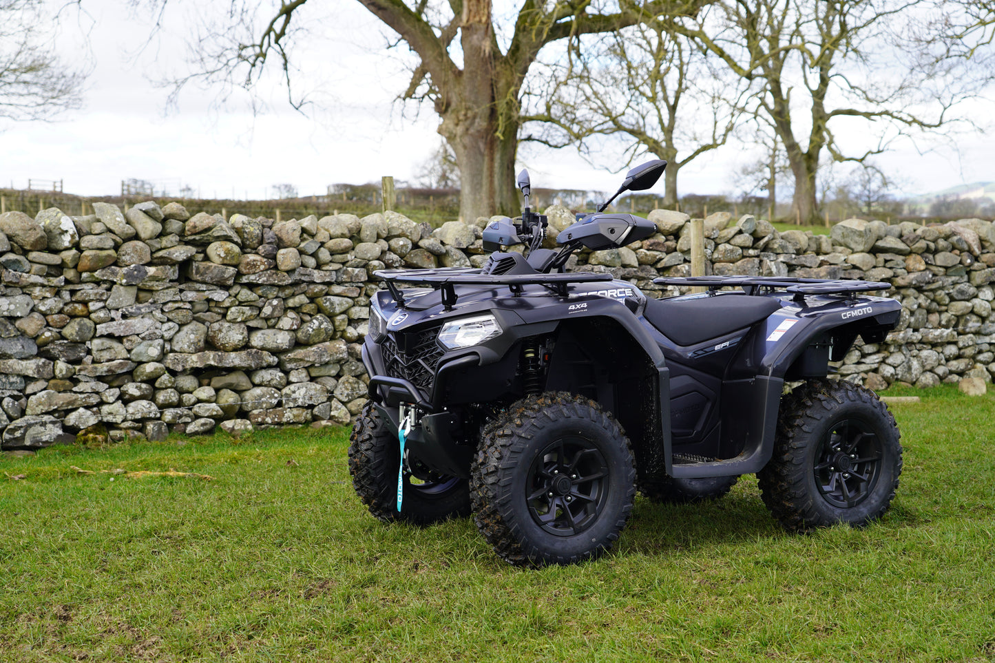 Black CFMOTO ATV parked in a grassy area with a stone wall and trees in the background