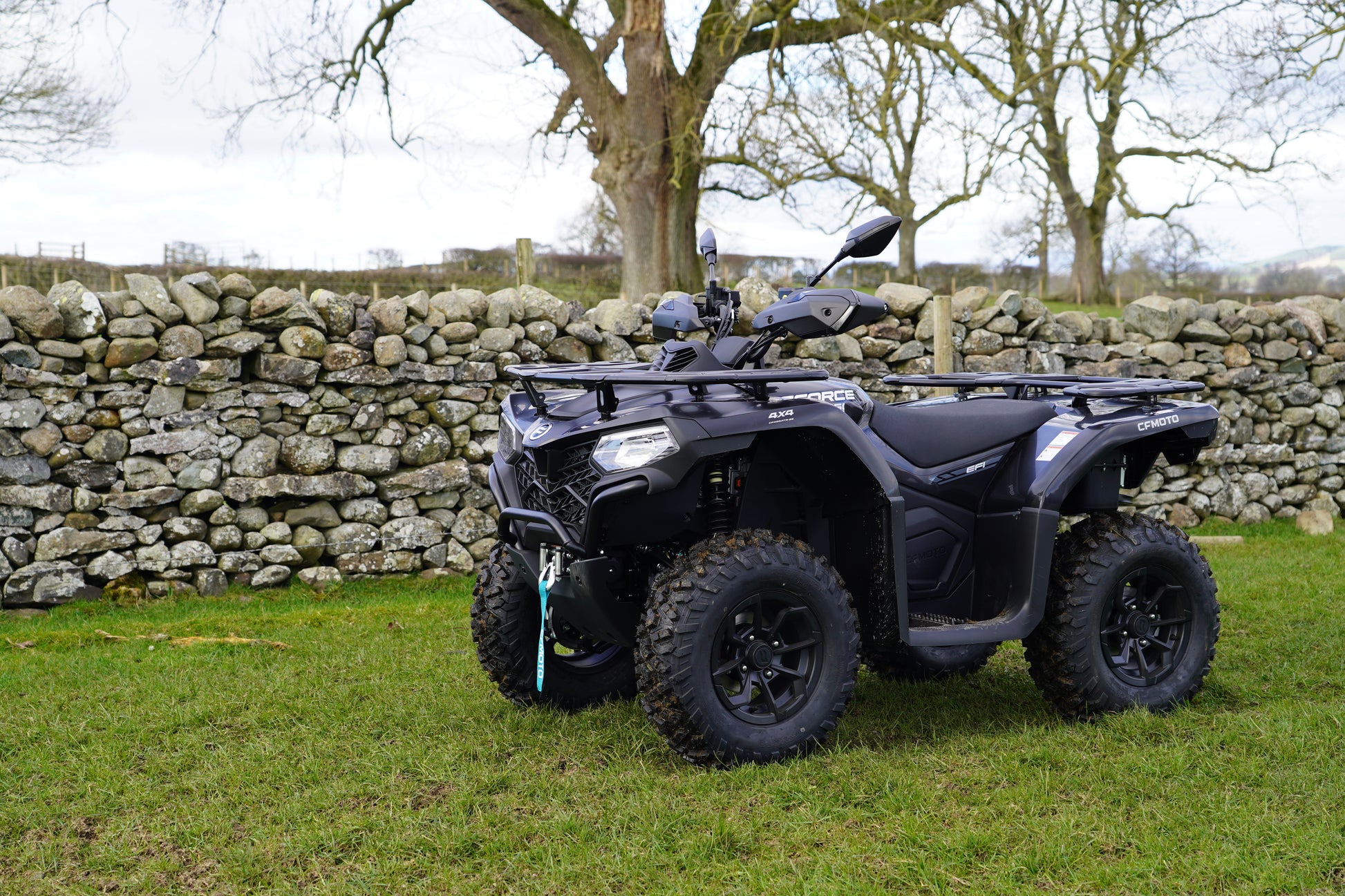 Black CFMOTO ATV parked in a grassy area with a stone wall and trees in the background