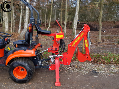 Orange tractor with a red FarmMaster tractor backhoe in a forest setting