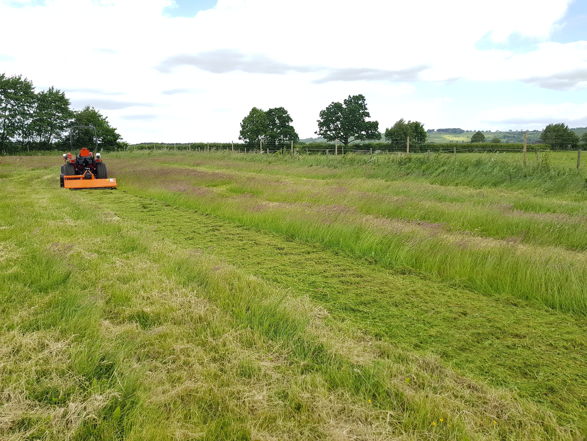 Tractor mowing a field with trees and sky in the background
