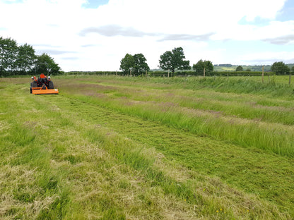 Tractor mowing a field with trees and sky in the background