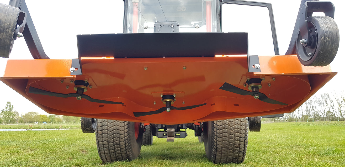 Close-up of a FarmMaster tractor finishing mower 