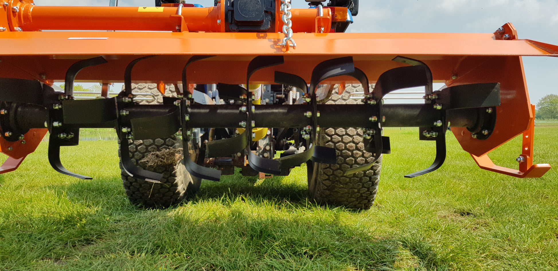 Close-up of a FarmMaster tractor rotavator