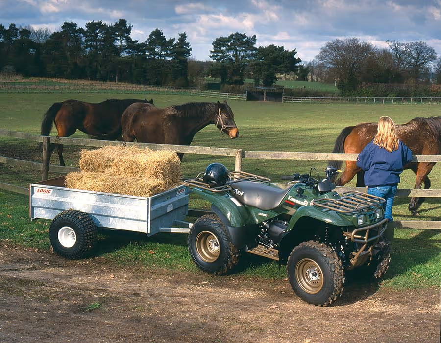 Person with a green ATV pulling a trailer with hay, surrounded by horses in a field.
