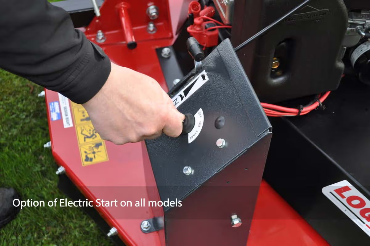 Hand operating an electric start switch on a Logic ATV topper mower