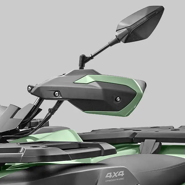 Close-up of a green and black CFMOTO 625 ATV with a side mirror