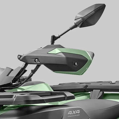 Close-up of a green and black CFMOTO 625 ATV with a side mirror