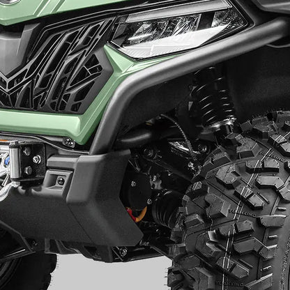 Close-up of a CFMOTO 625 ATV's front wheel and  suspension 