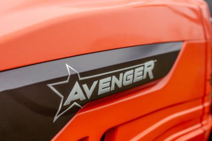 Close-up of an orange compact tractor with 'Avenger' branding on a black background