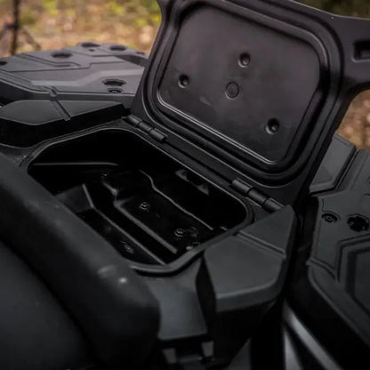 Close-up of a black plastic container with a lid, on CFMOTO 1000 MV ATV