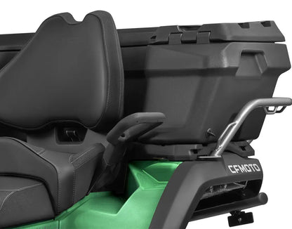 Close-up of a black storage box attached to a green CFMOTO Overland ATV