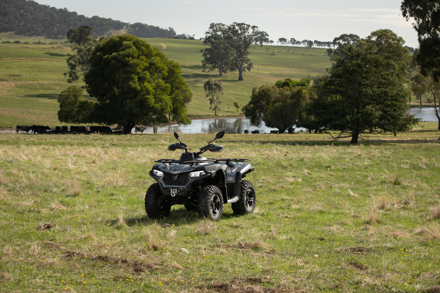 CFMOTO ATV in a grassy field with trees and a lake in the background