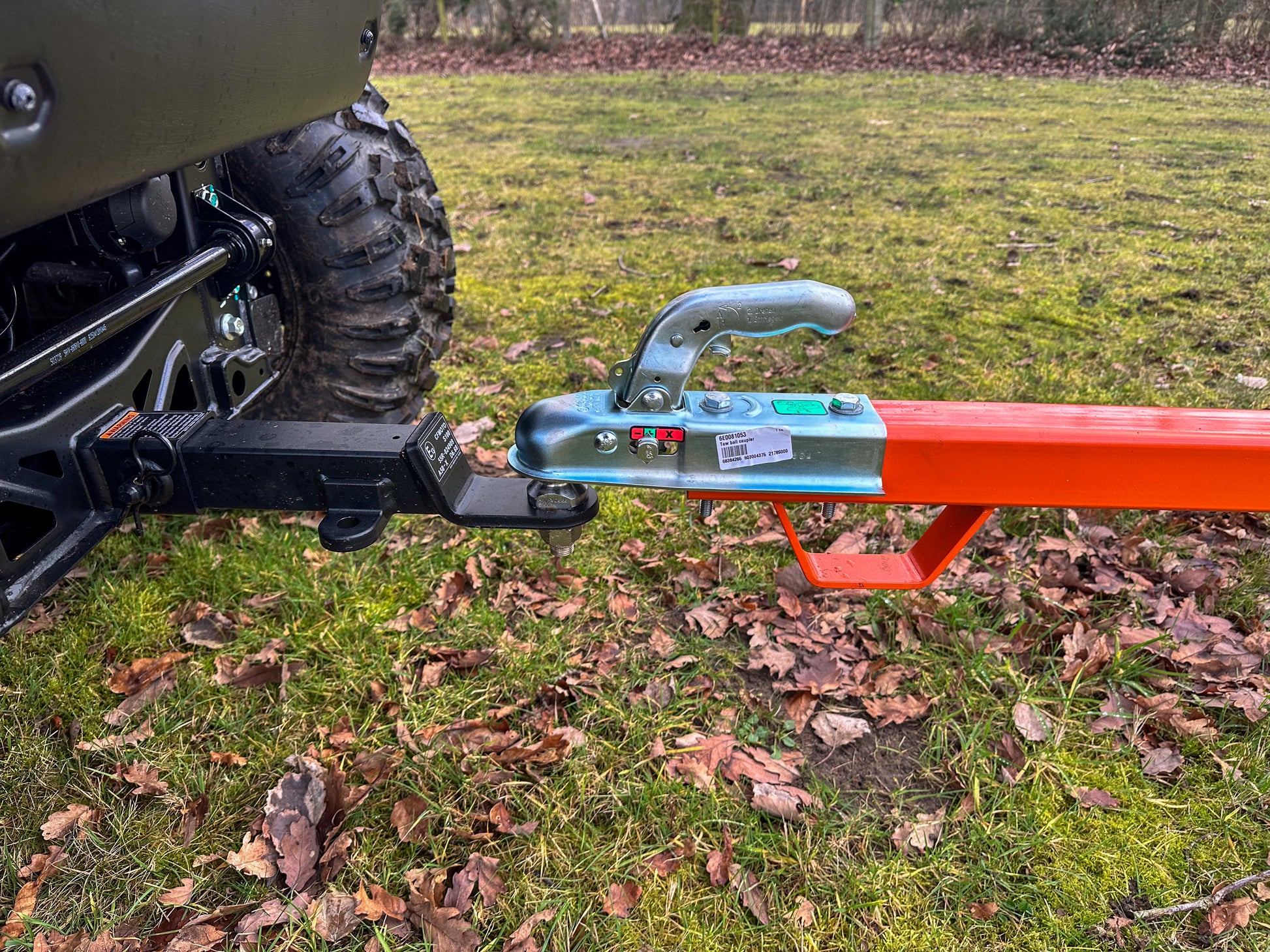 Tow bar attached to a FarmMaster ATV land roller 