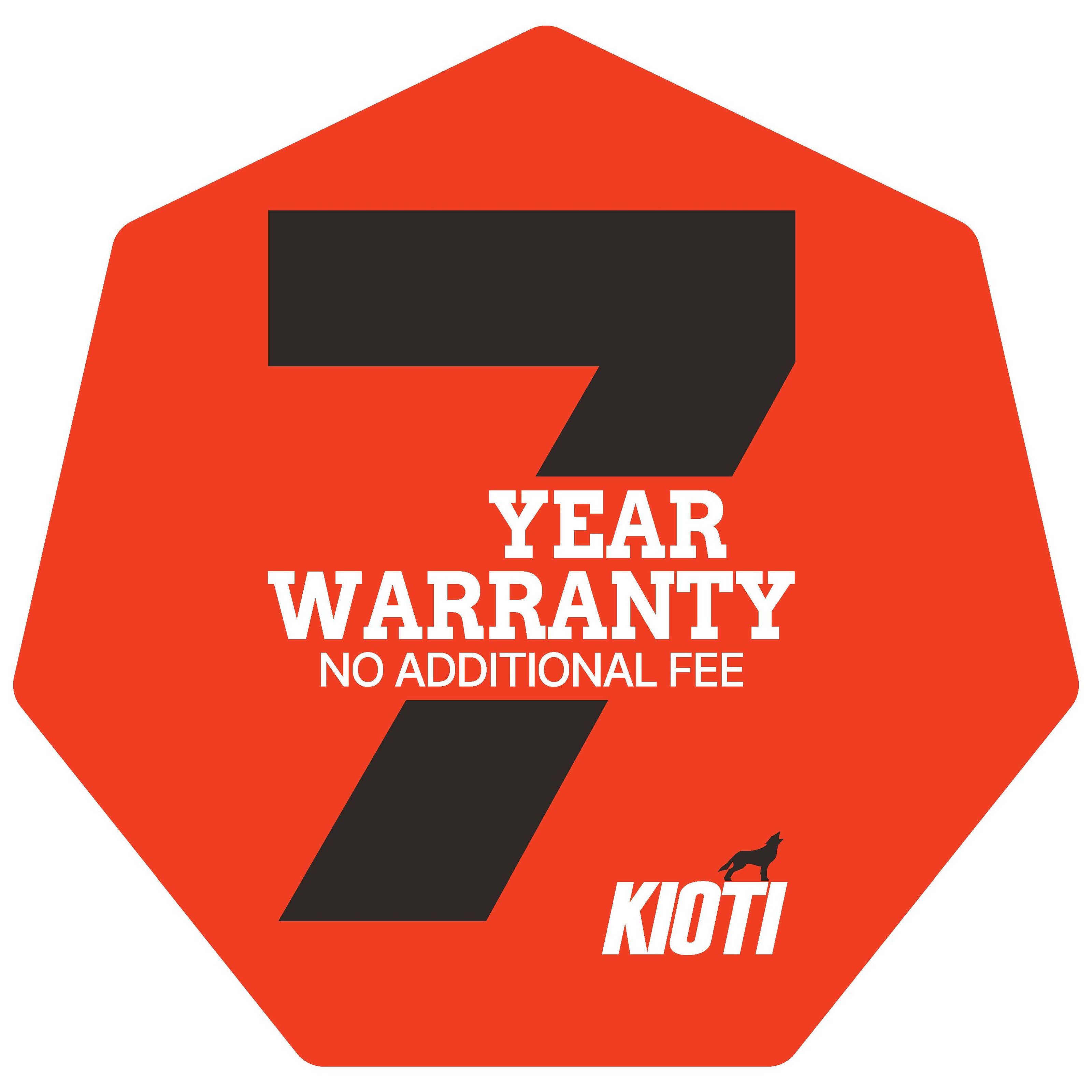 Kioti logo with 7-year warranty information on an orange background