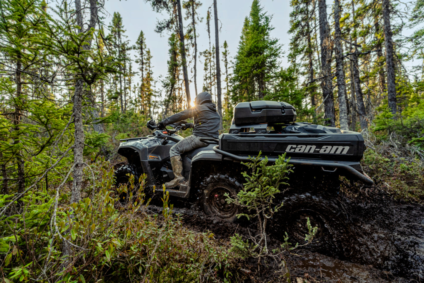 Person riding a Can-Am ATV through a forest