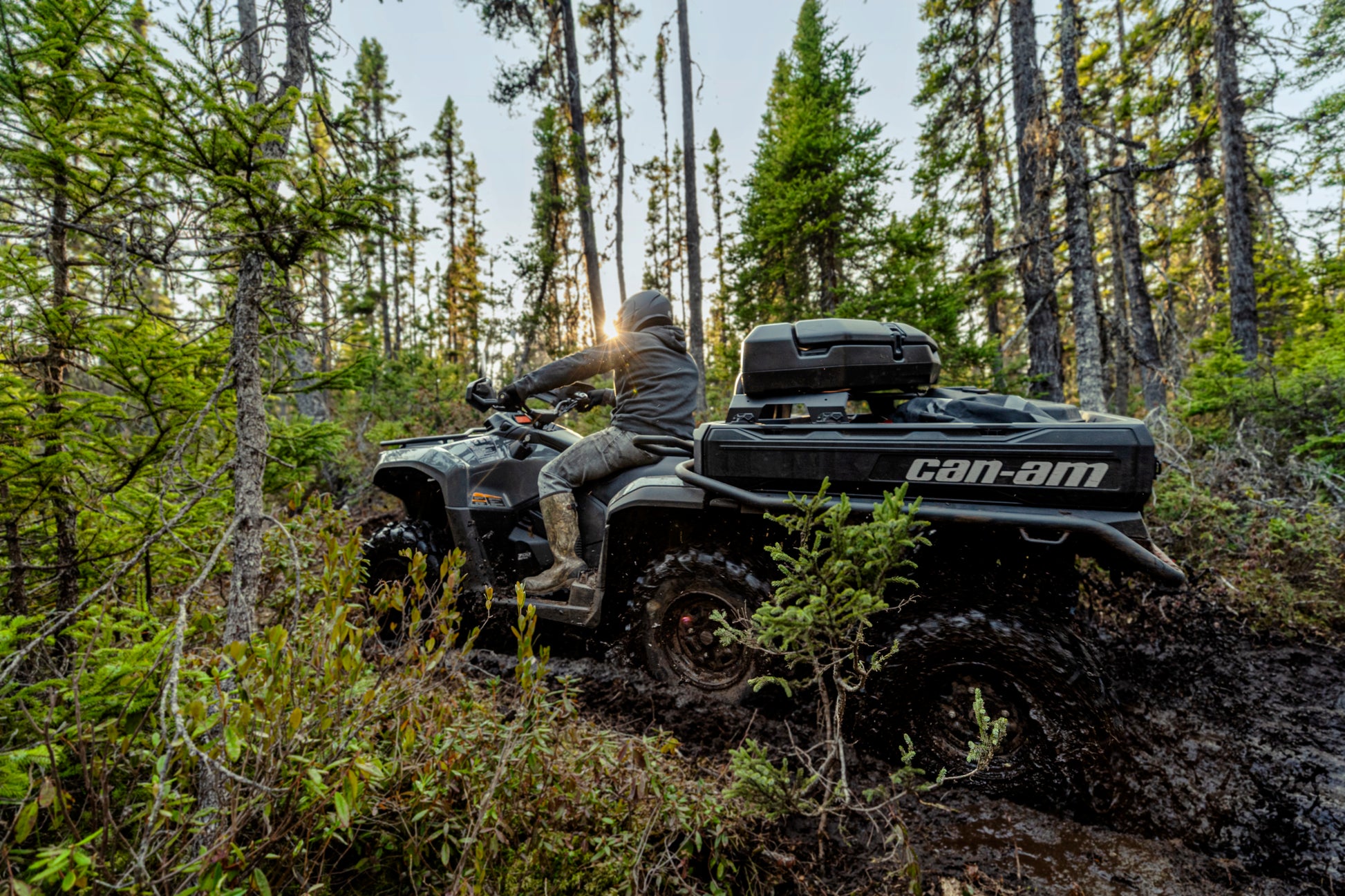 Person riding a Can-Am ATV through a forest