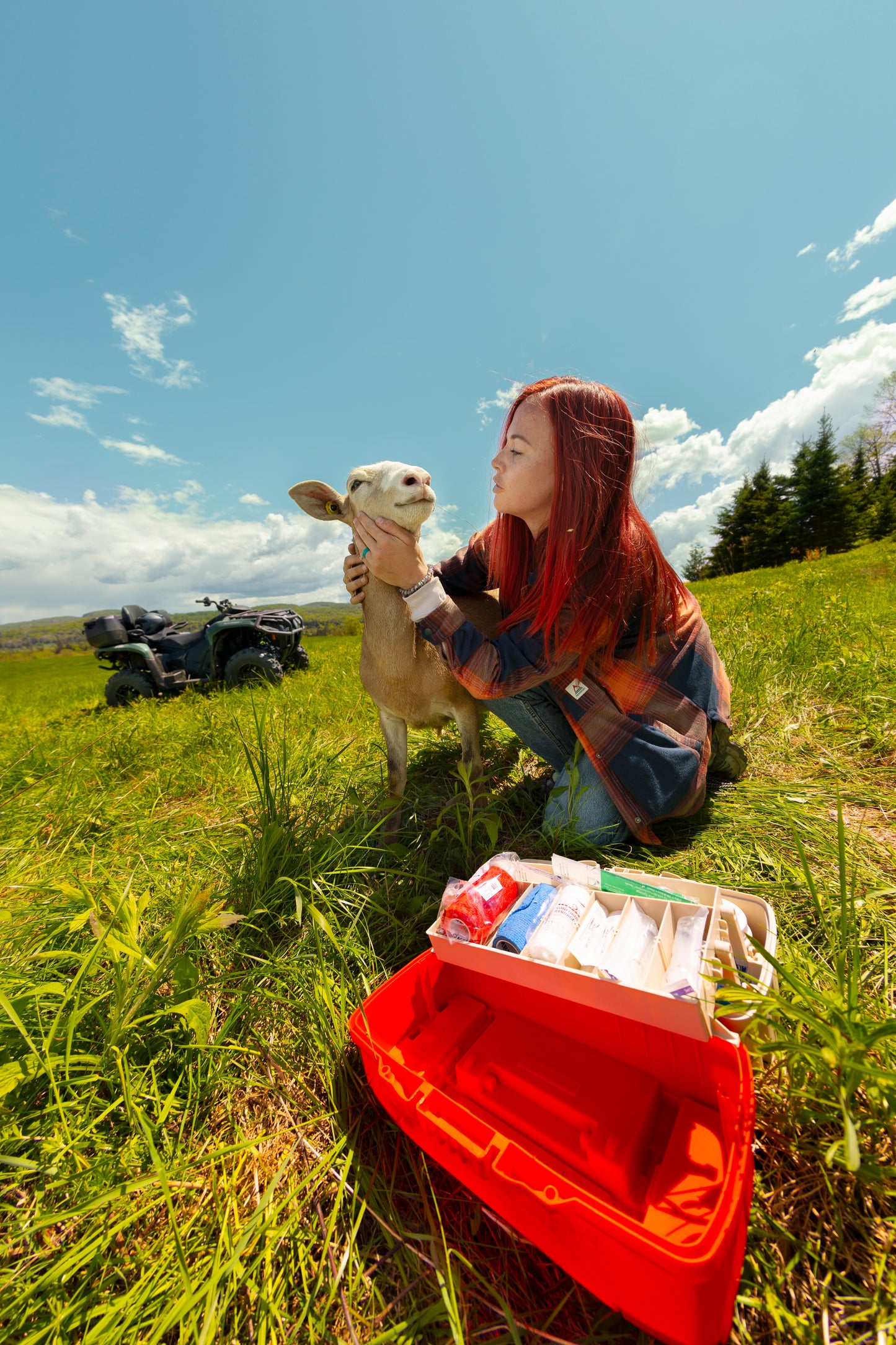 Person holding a lamb in a grassy field with a Can-Am ATV nearby