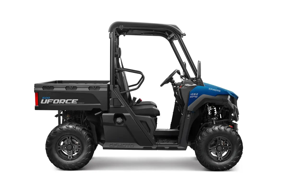 Side view of a blue CFMOTO UFORCE 600 utility vehicle on a white background