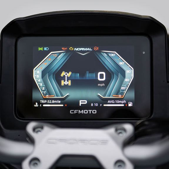 Digital dashboard of a CFMOTO 850 ATV showing speedometer and other metrics.