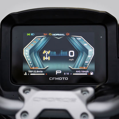 Digital dashboard of a CFMOTO 850 ATV showing speedometer and other metrics.