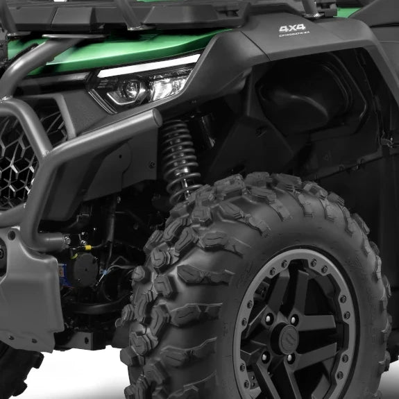 Close-up of a CFMOTO CFORCE 1000 Overland ATV with a detailed view of the front wheel and suspension.